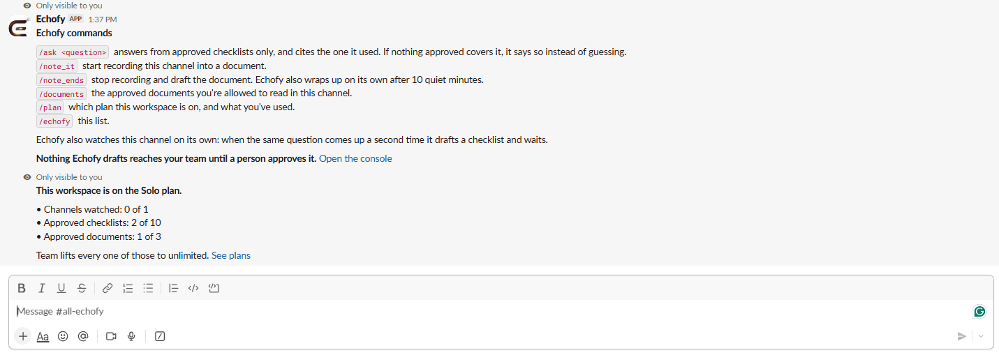 Echofy in Slack listing its commands, and reporting the workspace is on the Solo plan with two of ten approved checklists and one of three approved documents used.